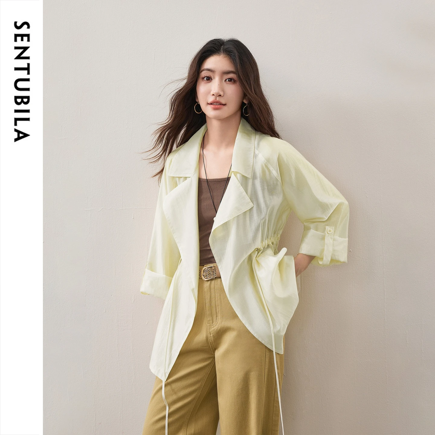 SENTUBILA Women's Lightweight Trench Coat 2026 Autumn Lycocell Fabric Convertible Two‑Way Sleeves Mid‑Length Outerwear 163WO7832