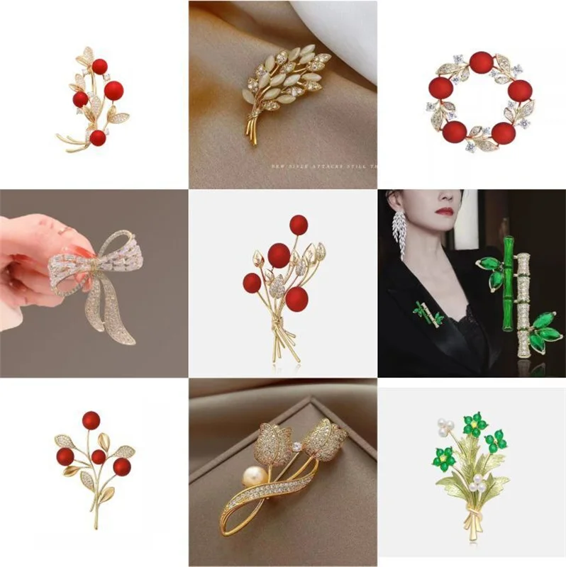 Fashion Christmas Red Flower Leaf Brooch Pins for Women Elegant Rhinestone Crystal Pearl Coat Dress Hat Suits Jewelry Decoration