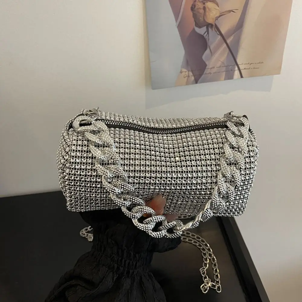 Shiny Evening Banquet Bag Crossbody Bag Cuba Chain Handle Glitter Shoulder Bag Temperament Underarm Bag Rhinestone Hand Bag