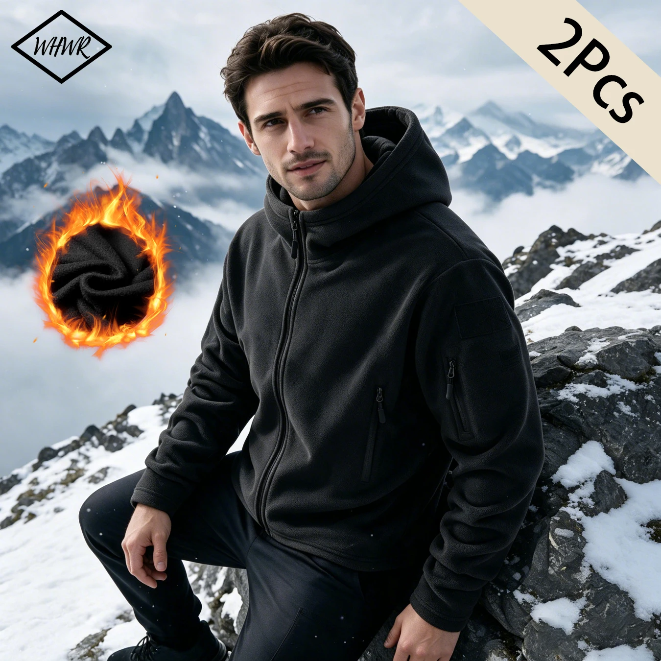 2Pcs In Set Men's Fleece Jacket Hooded Full Zip Up Tactical Outdoor Coat with Zipper Pockets Polar Fleece Warm Winter Hiking Casual Outerwear