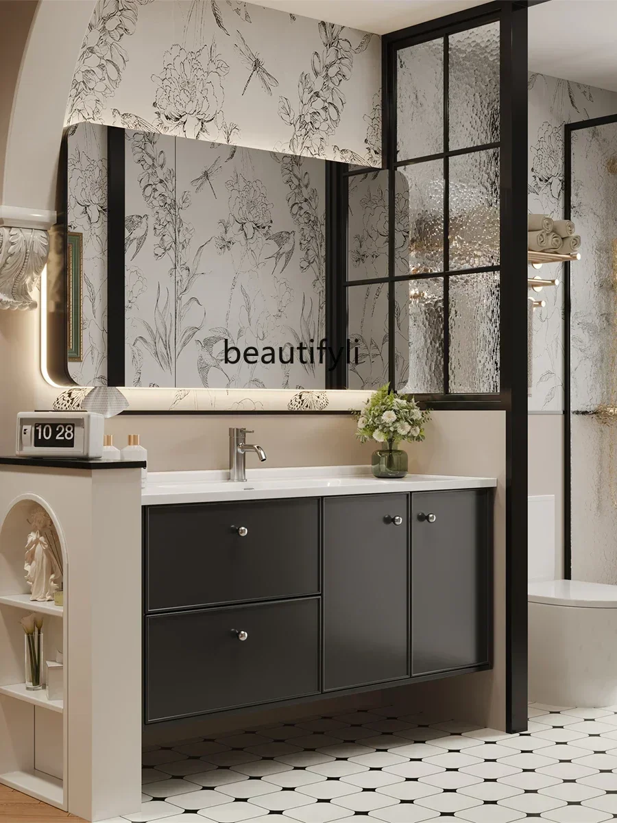 Armoire de salle de bain française intelligente, lavabo noir, meuble de salle de bain, lavabo en chêne, combinaison d'armoire de lavabo