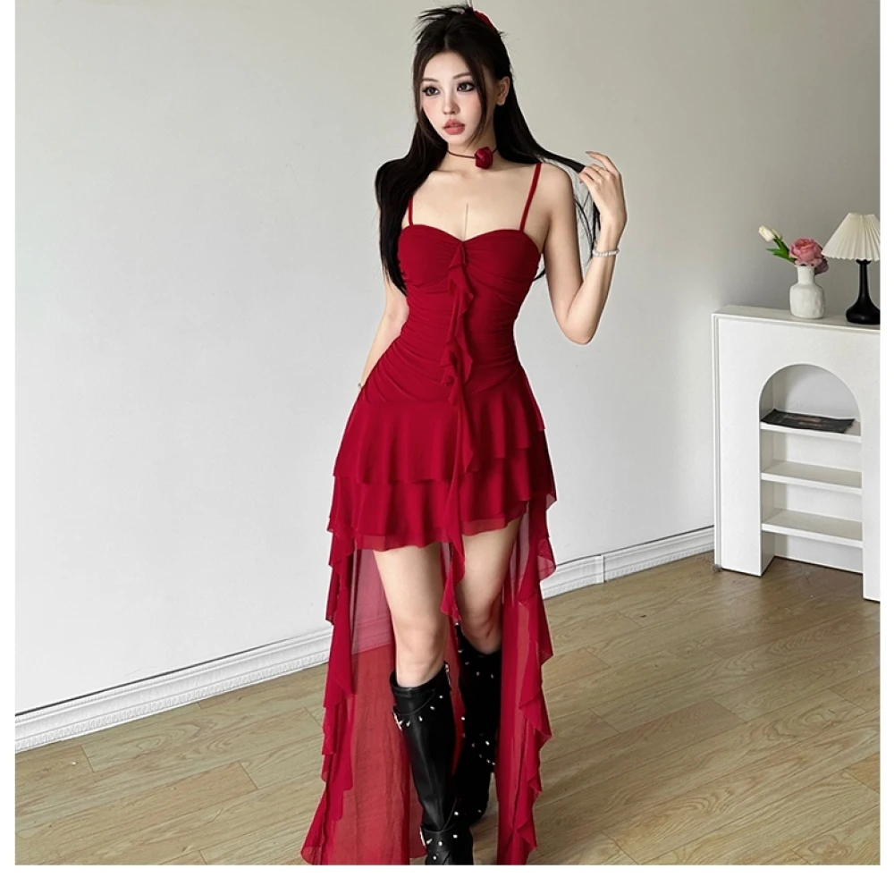 SylCue シャーリングフリルミニドレス女性セクシーな背中の開いたオフスリーブメッシュパッチワーク非対称裾ミッドナイトクラブパーティーエレガントな衣装