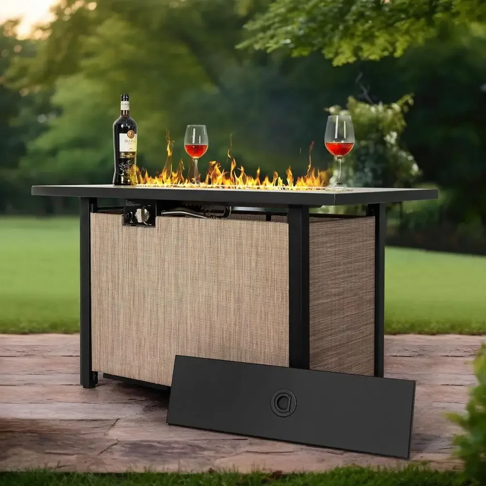 Certified Outdoor Propane Fire Pit Table, 50,000 BTU, with Lid and Glass Beads, Versatile for Patio Use, Light Brown