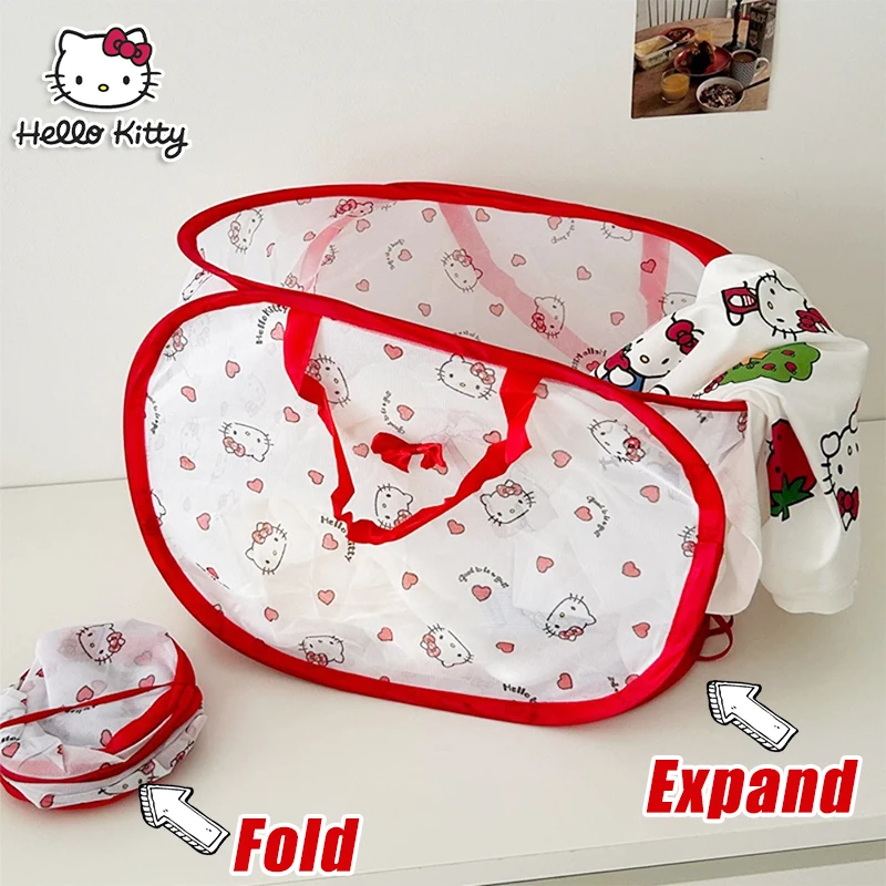 

Hello Kitty Folding Laundry Basket Mesh Dirty Clothes Storage Basket Cute Large Capacity Portable Home Bathroom Storage