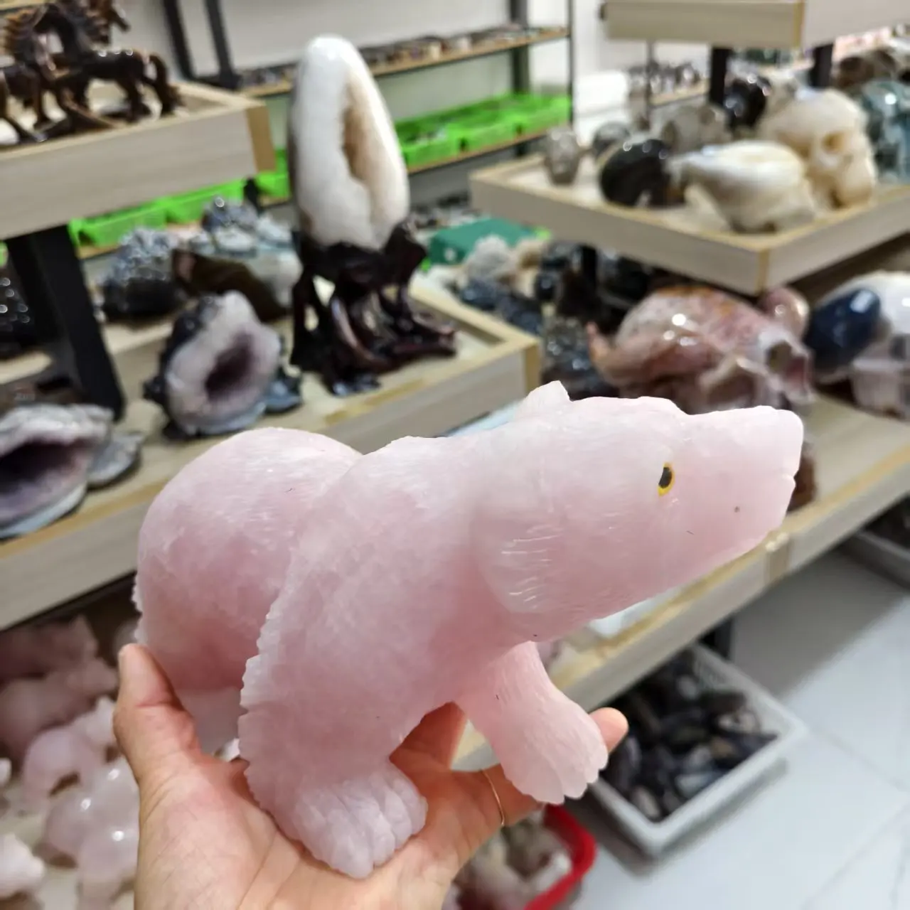 Natural Rose Quartz, Polar Bear, Cherry Blossom Rose Quartz Crystal Stone Carved Bear, Mineral Spiritual Healing