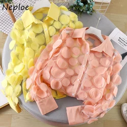 Neploe 2024 Polka Dot Mesh Patchwork Chiffon Women Blouse All-match Hollow Out Fashion Femme Blusas Chic Candy Colors Shirt