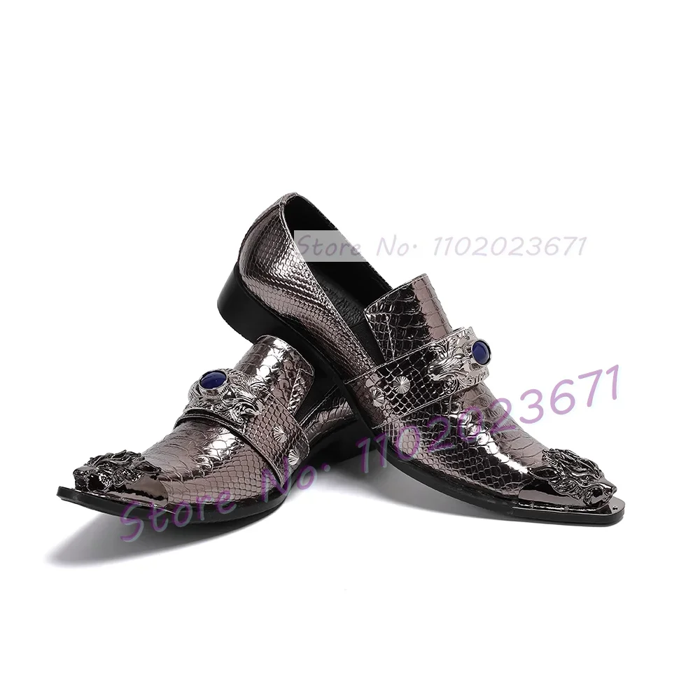Gold Genuine Leather Oxford Men Shoes Luxury Print Metal Toe Fashion Loafers Gems Decor Retro Fashion Shiny Low Heel Boots