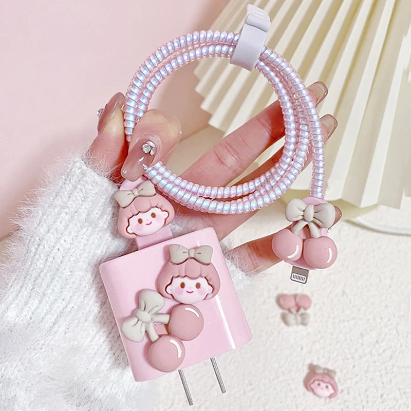 Charger Cable Protector Cover For Iphone 15 14 13 12 Pro Max 18W 20W Charger Cute Pink Girl Adapter Case Data Cord Protective