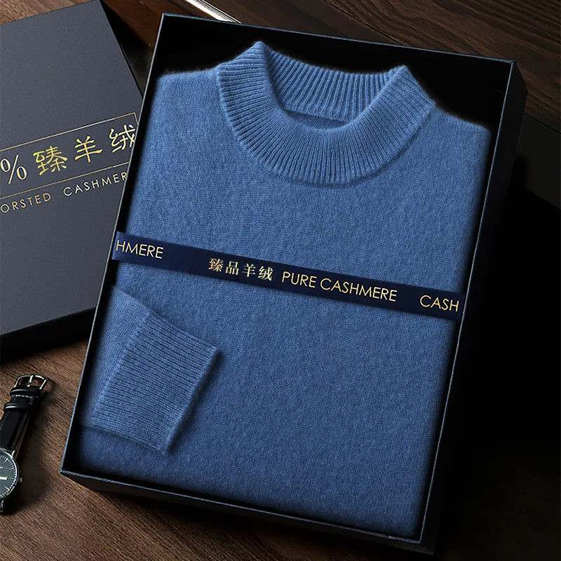 New 100% Cashmere Men's Thick Sweater Mock-neck Pullovers Autumn Winter Classical Solid Warm Knitwear Korean Men Clothing Tops