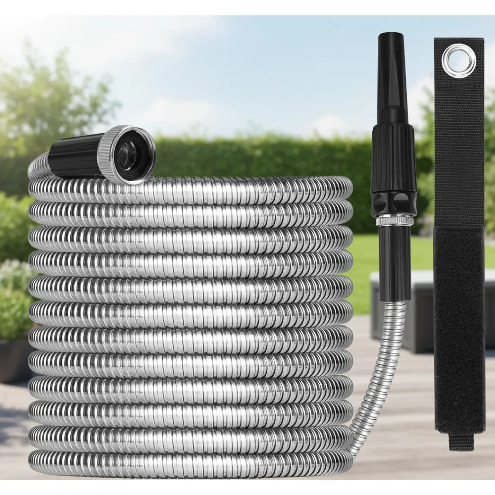 

75ft Stainless Steel Garden Hose - Lightweight, Kink-Free, Adjustable Nozzle, Easy Storage with Strap for Home & Garden