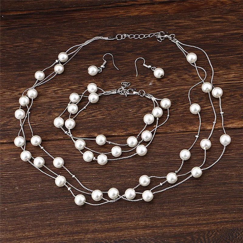 Fashion Wedding Jewelry Imitation Pearl Simple Necklace Set Matching Bracelet Earring For Women Engagement Party Accessories