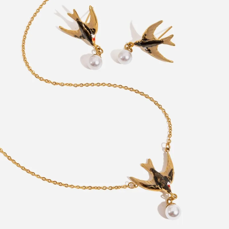 

Minar Unique Design Metallic Enamel Swallow Pendant Necklaces for Women Non Tarnish 18K Gold PVD Plated Stainless Steel Choker