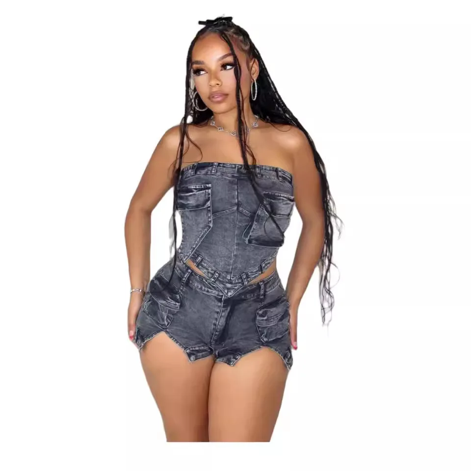 Distressed Tracksuit Two Pieces Chest Wrapping Vest Washed Sheath Shorts Pant Sets Denim Pants Slim Solid Sexy High Street