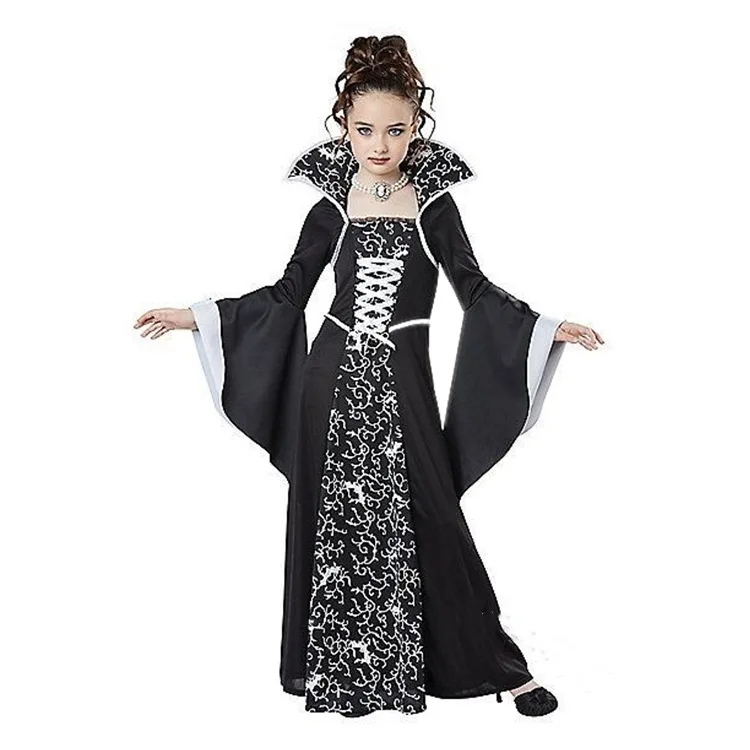 Halloween Children's Vampire Strap-Up Collar Horn Sleeve Printed Square Collar Contrast Costume Dress