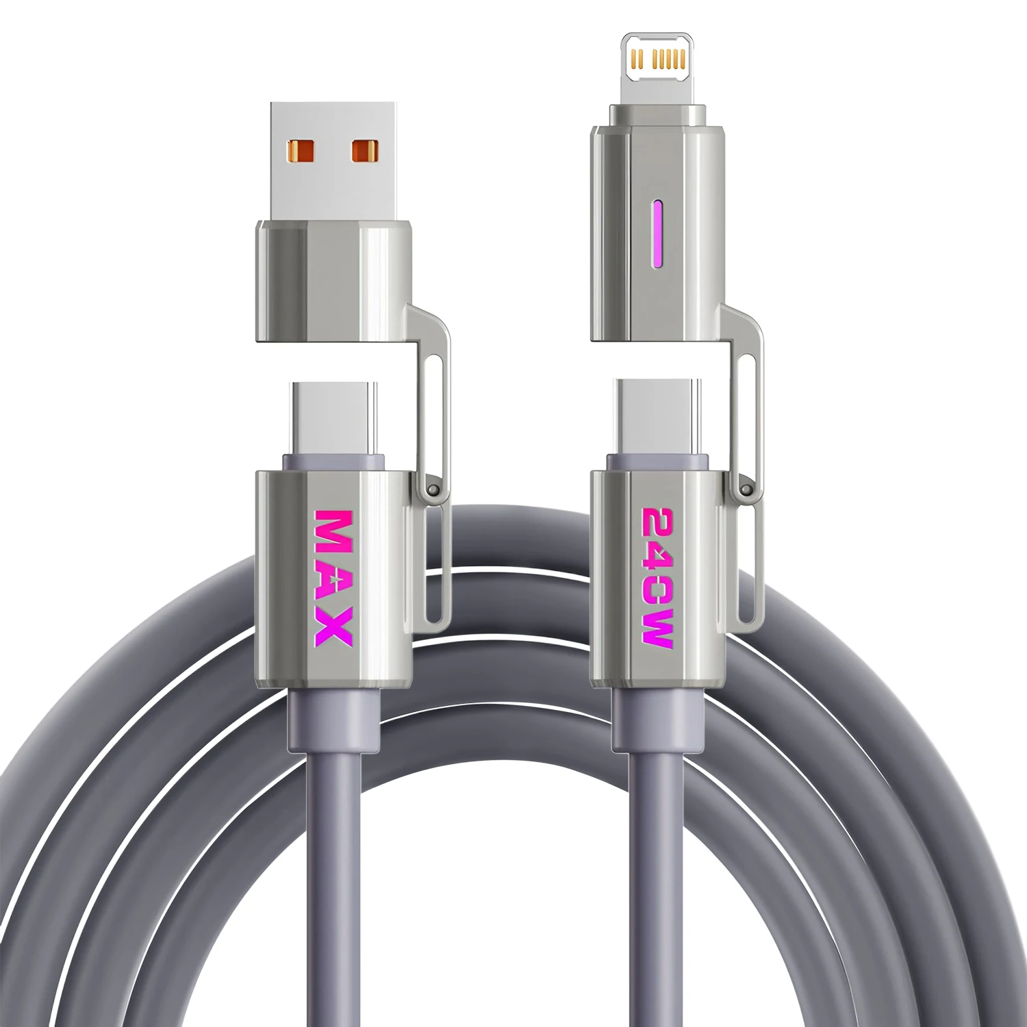 240W Silicone 4-in-1 Fast Charging Cable for IPhone 16 15 14 13 12 11 Pro Max for Samsung S25 S24 S23 for LG for Moto G Oppo