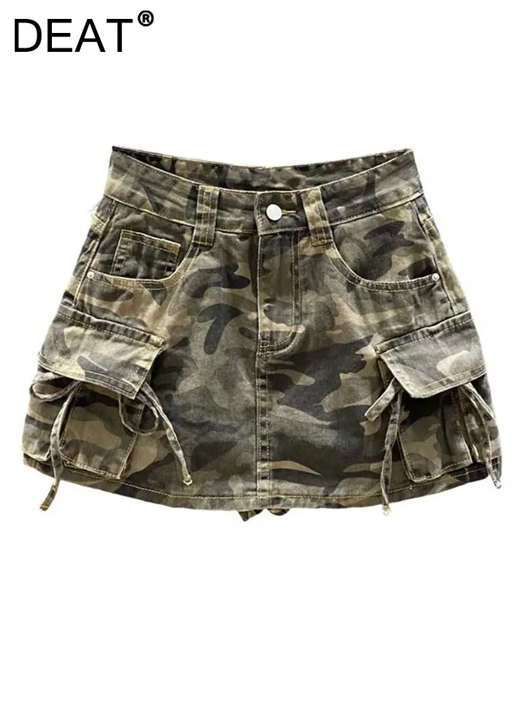 

DEAT Women's Denim Skirt A-line Camouflage Big Pocket High Waist Bandage Mini Short Cargo Skirt 2024 Summer New Fashion 29L8042