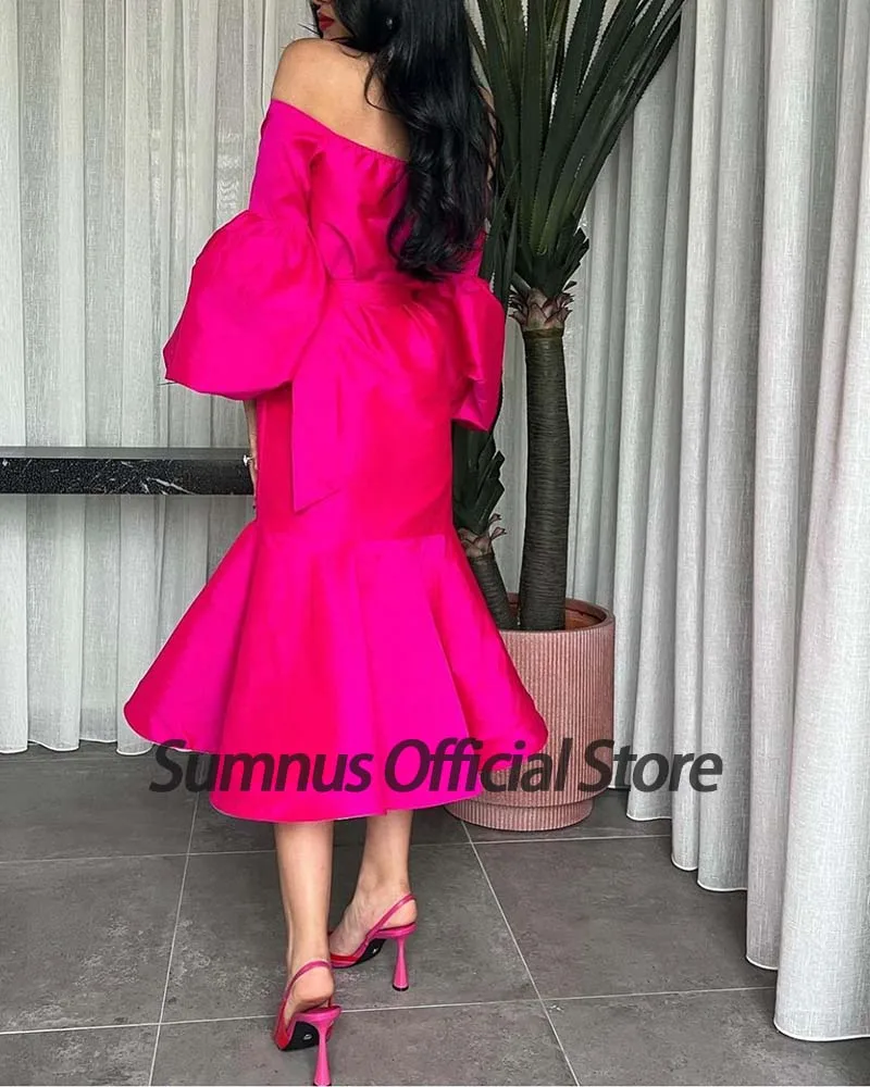 Sumnus quente rosa halter vestido de baile com cinto puff manga midi vestidos de festa elegante dubai vestidos de noite para mulher robe de soiree