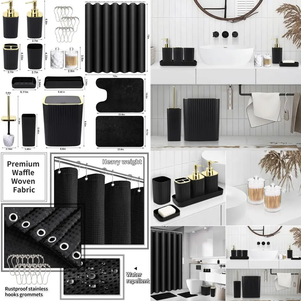 

25-Piece Black Bathroom Accessory Set with Shower Curtain, Rugs, Toilet Brush, Trash Bin, Cotton Swab Holder, Soap Dispenser