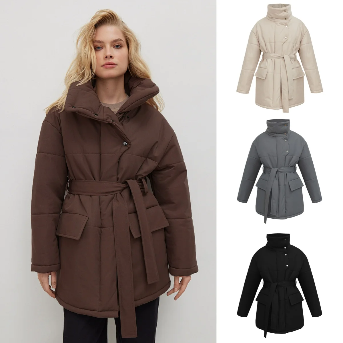 2024 fall and winter new women's stand-up collar cotton dress temperament belt irregular medium-length jacket