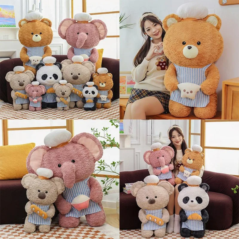 

Kawaii плюшевая игрушка, наполненная кукла, медведь, панда, коала, слон, шеф-повар, серия, мягкая подушка, милый детский подарок на день рождения для девочек