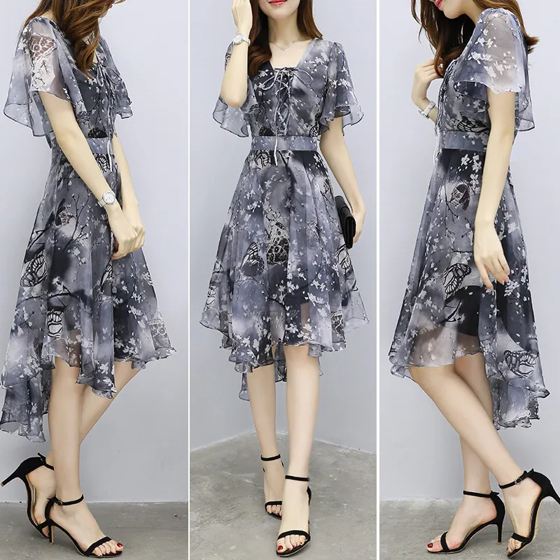 Phụ Nữ Chiffon In Ăn Mặc 2022 Mới Phụ Nữ Thanh Lịch V-Cổ Đuốc Tay Áo Không Thường Xuyên Dài Đến Đầu Gối Váy Vestidos Nữ Quần Áo Mùa Hè