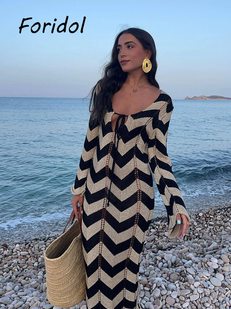 Elegant Striped Knitted Long Dress Autumn Spring Women Casual Crochet Hook Black Dress Jumper Beach Boho Fashion Clothing Outfit