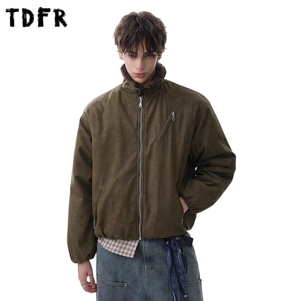 Retro Stand Collar PU Leather Padded Jacket Mens Winter Retro Casual Loose Long Sleeve Thick Quilted Jacket Man Outerwear