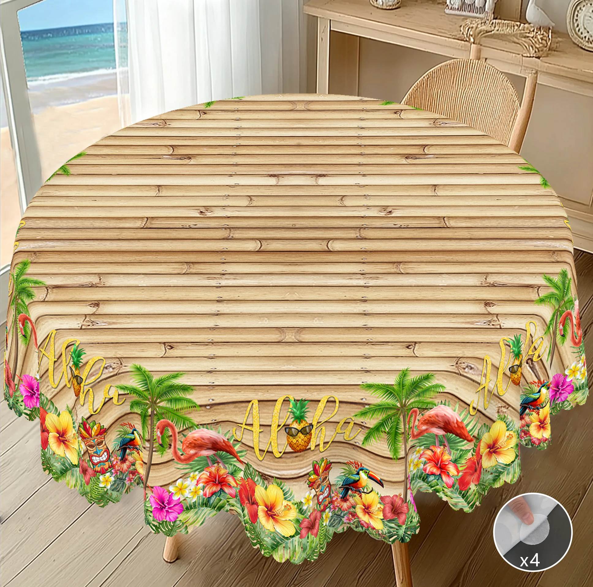 1 Piece of Summer Retro Simple Hawaiian-Style Printed Round Tablecloth, Rectangular Tablecloth with Wood Board, Flamingo, and Floral Patterns, Party Tablecloth, Home Dining Table Decoration, Patio Camping Table Decoration, Suitable for Daily Use in Home Kitchens, Dining Room, Terrace, Indoor and Outdoor Use