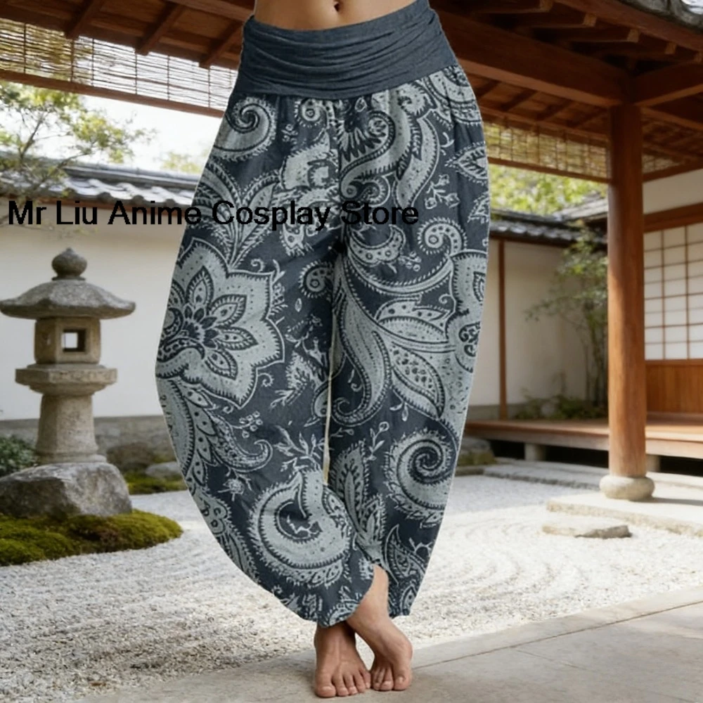Women's Cozy Chill Japanese Floral Harem Pants Green Vintage Wide Leg Cuffed Thai Trousers Ultra-Soft Cotton Loungewear