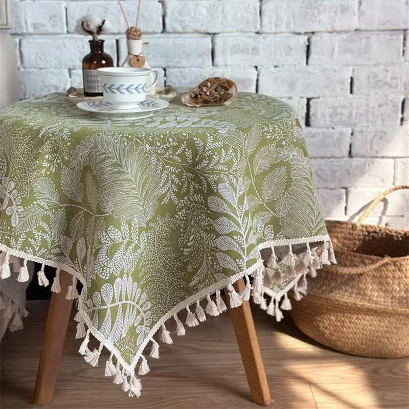 Green Flowers Embroidery Vintage Elegant Tassels Tablecloth Mesh Dining Table Rectangle Cafe Cabinets Cover Kitchen Dinning Room
