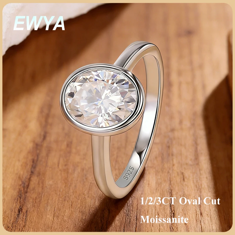 

EWYA Bezel Set 1/2/3CT Oval Cut Solitaire Moissanite Engagement Ring for Women S925 Silver Lab Diamond Classic Wedding Band Gift