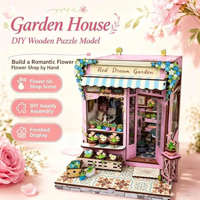 DIY Wooden Flower Shop Hut Building Blocks Handmade Miniature Scene Cabin Assembly Bricks Model Architectural Birthday Gifts Toy