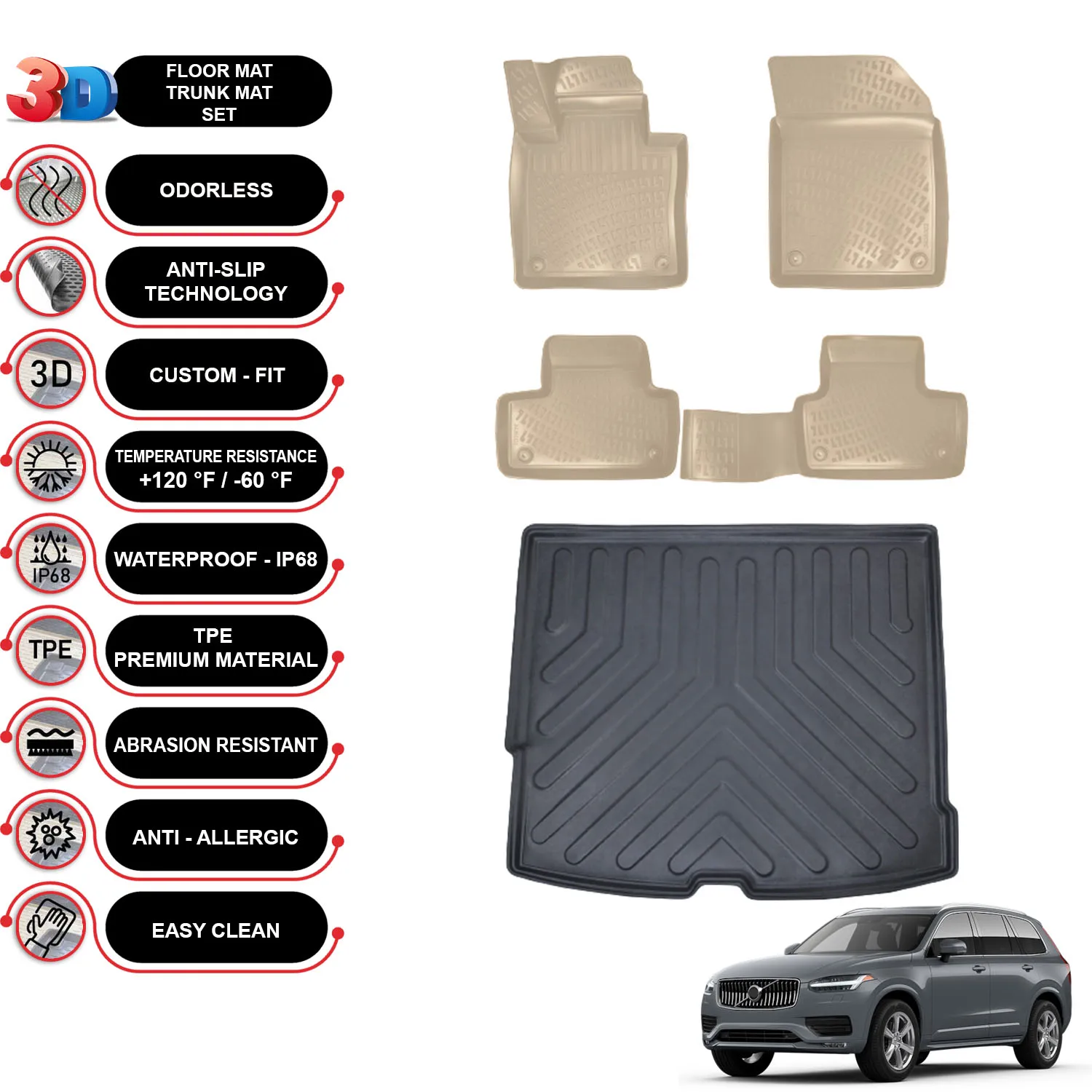 Volvo XC60 - (2017-2023) - Floor Mats + Cargo Trunk Liner - SET - (Beige)