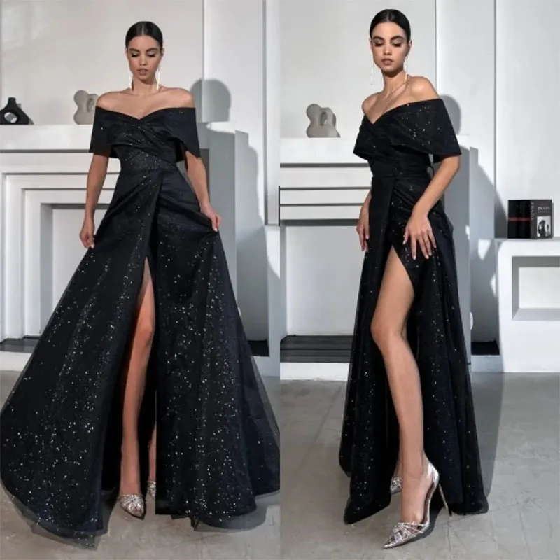 Vestido de noche negro con purpurina y lentejuelas, elegante vestido largo con abertura frontal para ocasiones especiales, 2024