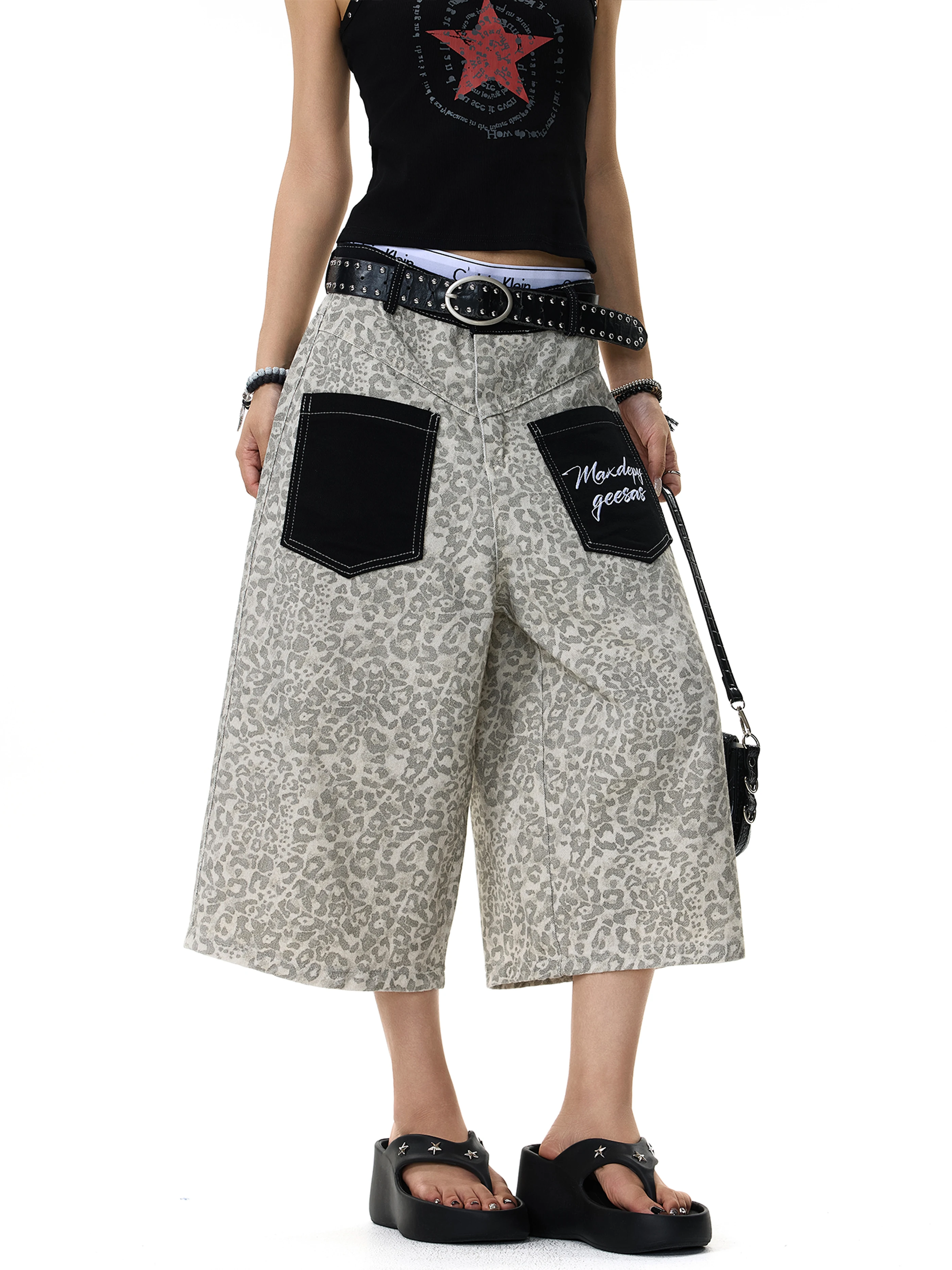 American High Street Letter Embroidery Reverse Wear Design Sense Leopard Print Seven-Foot Pants Summer Loose Casual Vintage S...