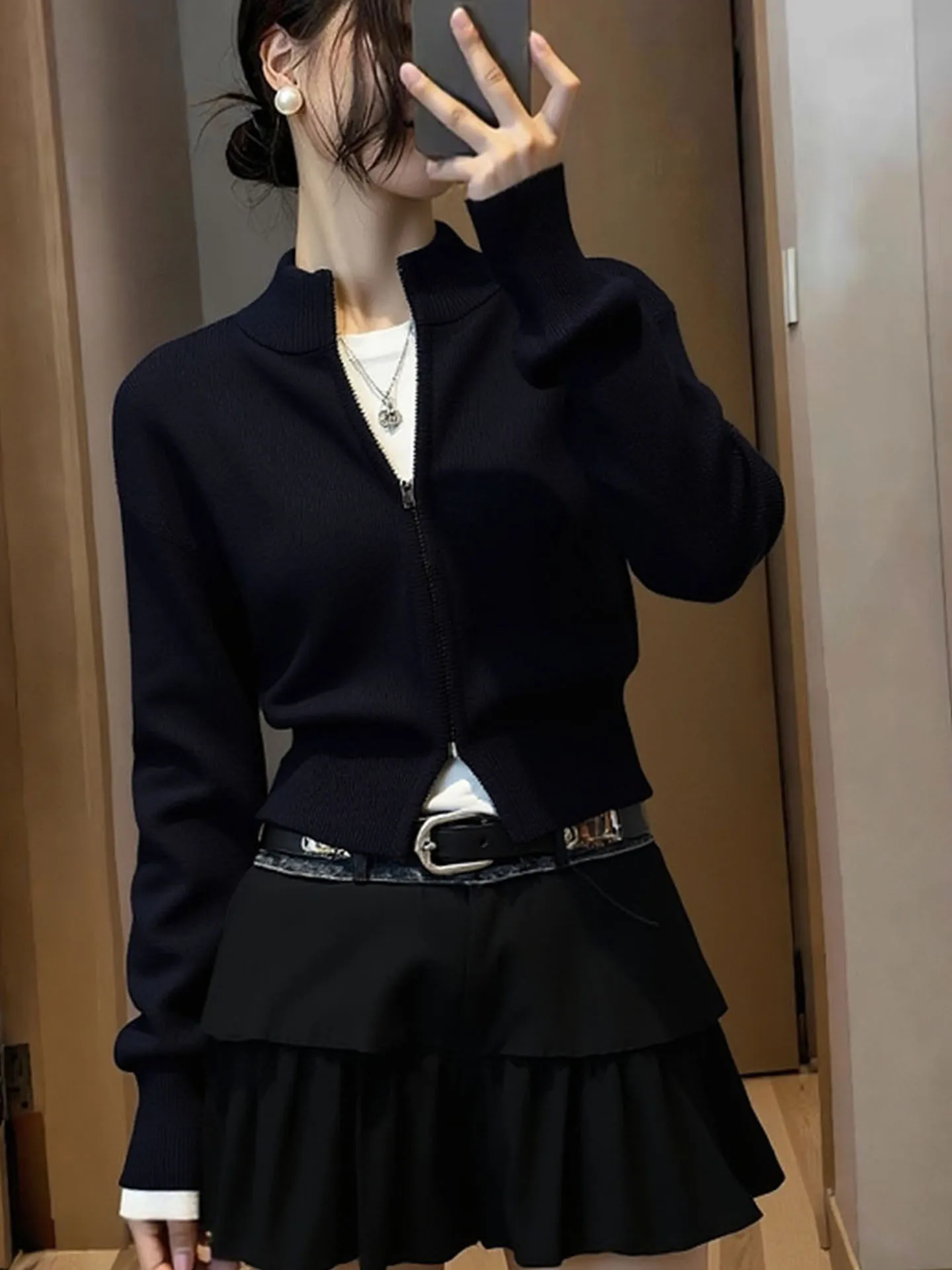 ウィンターティーンエイジスリムフィットジッパーニットウェアロングスリーブカメレオントップス多用途高品質エレガントレディースファッション