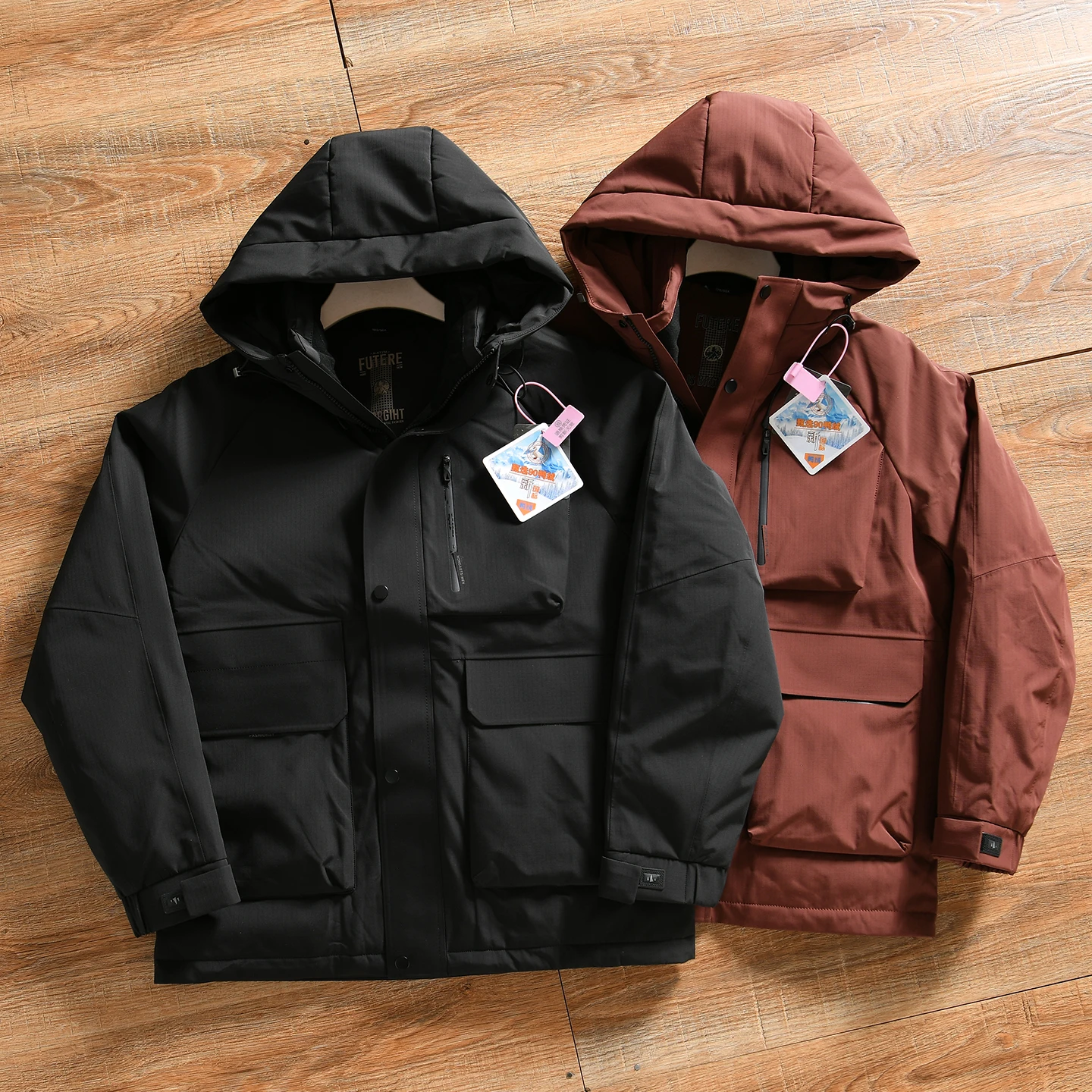 Outdoor Men's Thickened Warm Hooded Duck down Jacket Polyester Fiber Windproof Water-Resistant Casual Style Zipper Closure
