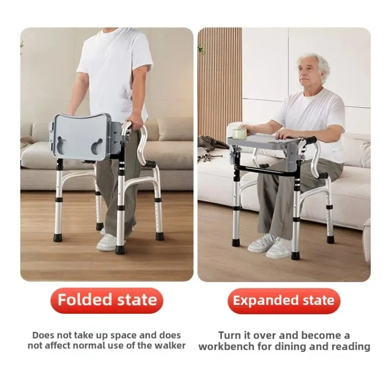 Aluminium Alloy Walking Stick with Seat Elderly Folding Walker with Meal Plate for Hospital Home Lightweight Walkers for Elderly
