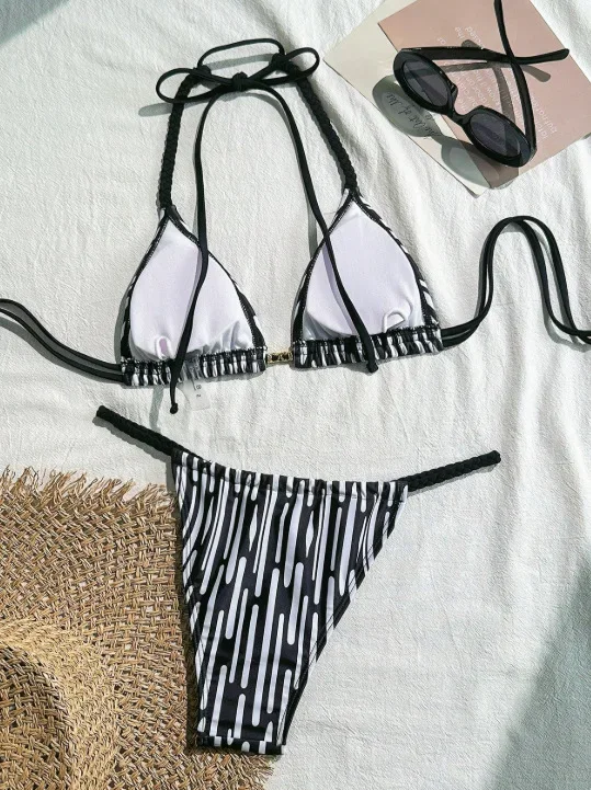 String Print Swimsuit with Ties 2025 Bikini Sexy Halter Swimwear Women Backless Bathing Suit Brazilian Bikini Thong Beachwear