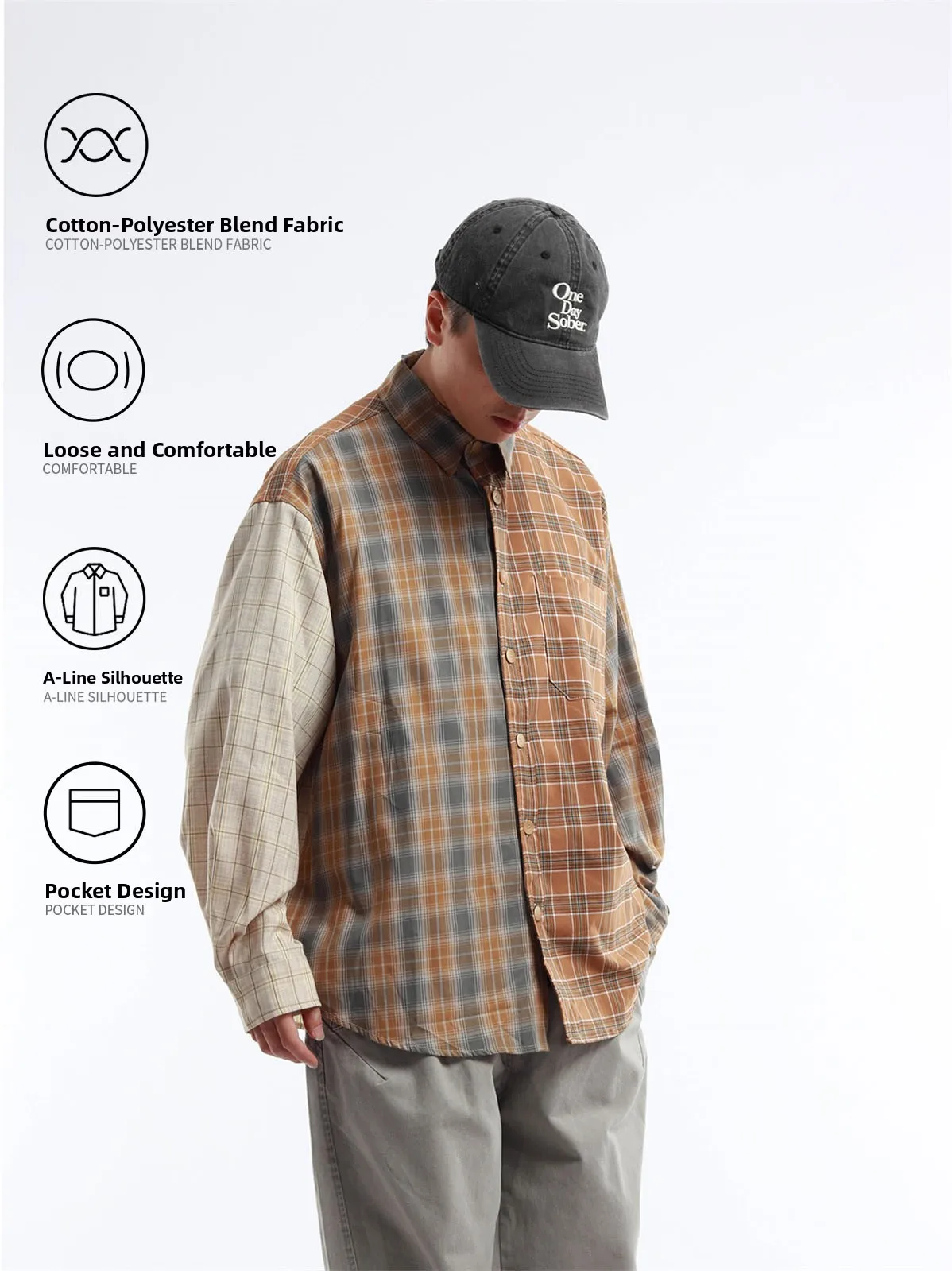 Retro Japanese Style Long Sleeve Loose Fit Plaid Button up Shirt Men's Spring Asymmetrical Splicing Open Cardigan Breathable