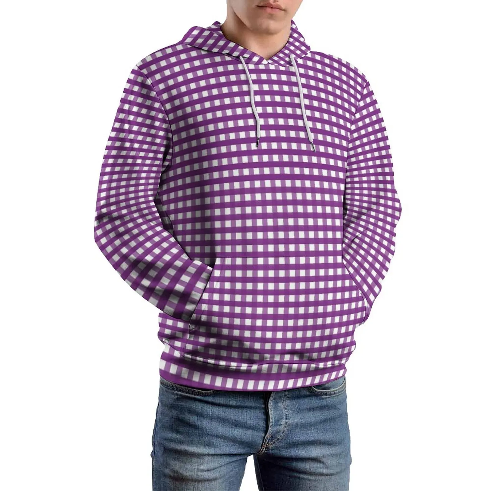 Purple Gingham Loose Hoodies Checked Print Funny Pullover Hoodie Male Long Sleeve Oversize Streetwear Graphic Hooded Sweatshirts