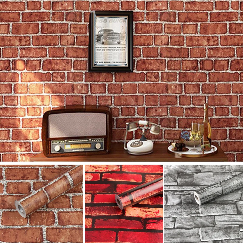 PVC Retro Red-brown Brick Pattern Oil-proof Self-adhesive Waterproof Wall Paste Dormitory Living Room Background Wallpaper Home