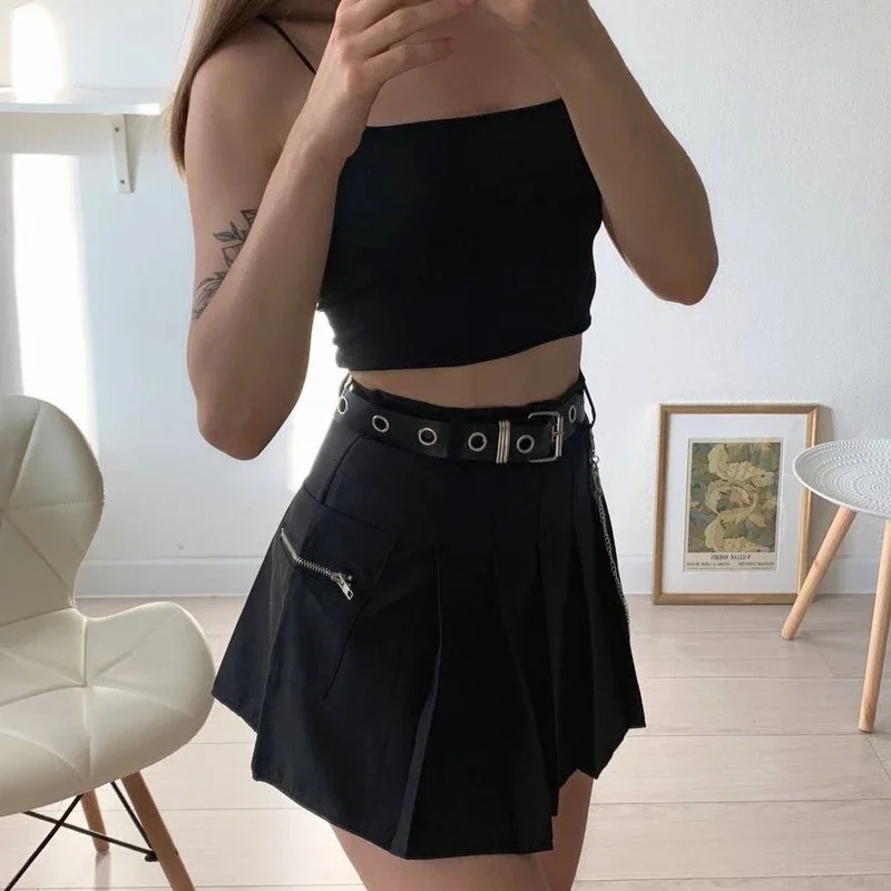 Temperament Age-reducing Chain Belt Pleated Skirt Korean Version Was Thin Bag Hip Skirt Fashion Pocket Solid Color Skirt