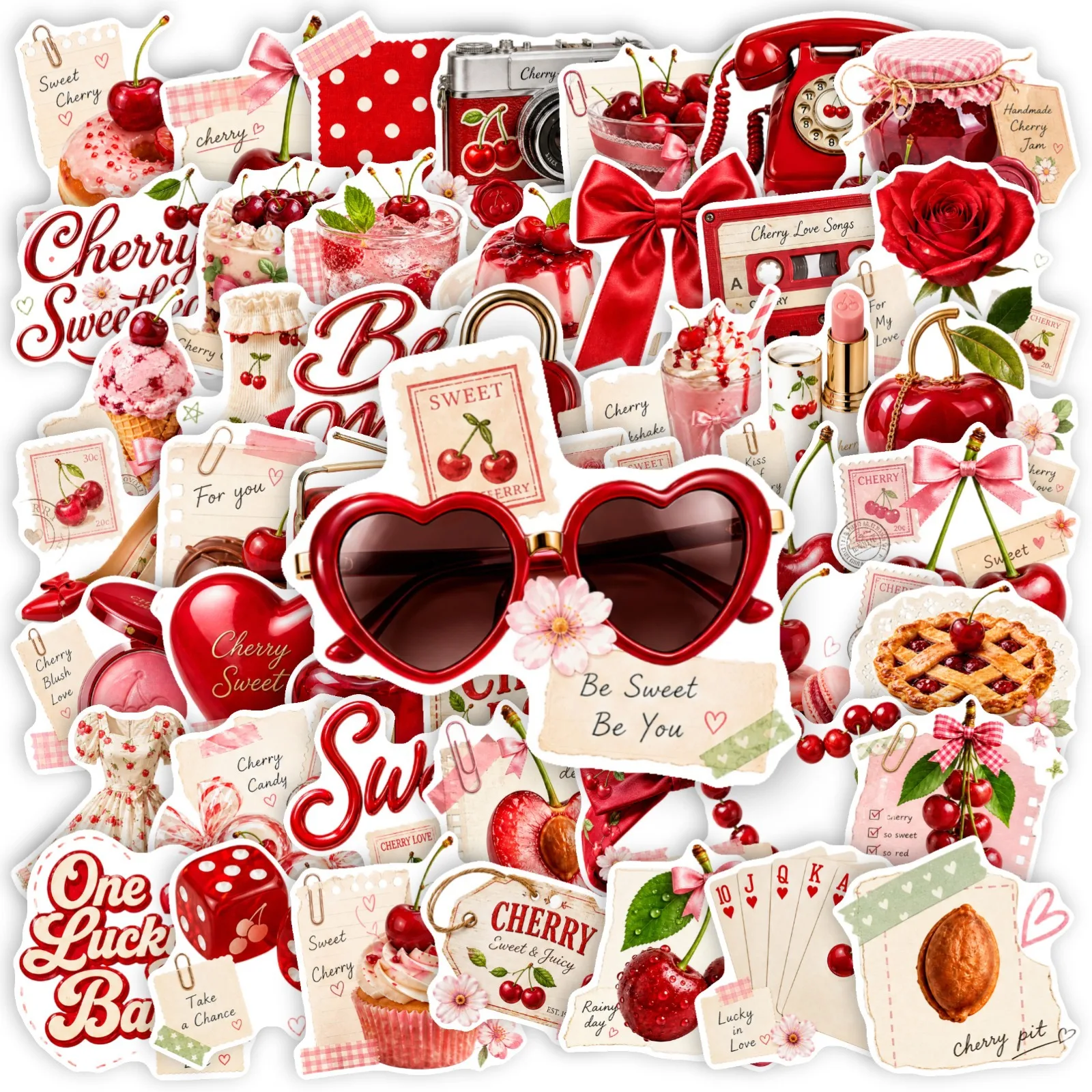 50 PCS American Retro Cherry Sweet Cool Valentine Hand Account Material Stickers Decorate Luggage Gift Box Non Repeated Decals