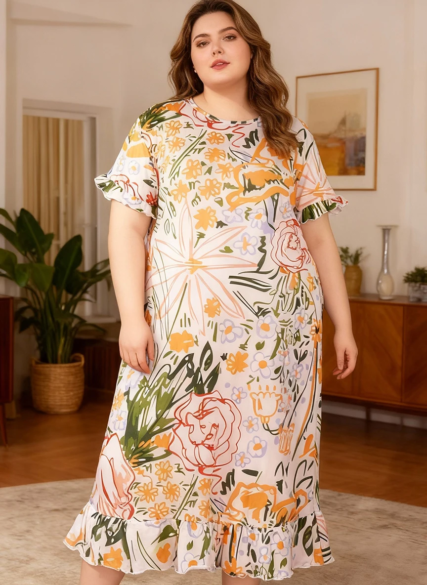 

Plus Size Women's Spring Summer Elegant Vintage Painted Print Ruffle Design Short Sleeve Round Neck Nightgown Dress