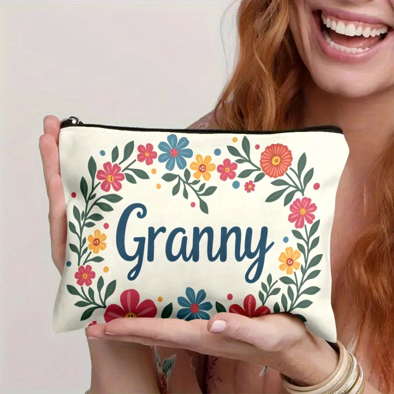 

Makeup Bag Featuring Floral Wreath Written by Grandma Stylish and Lightweight Toiletry Bag with Zipper Perfect for Women Gift