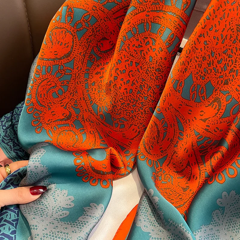 Chinese Style Classic Blue Orange Flower Silk Scarves Big Square Scarf Shawl Beach Towel Girl to Send Mom