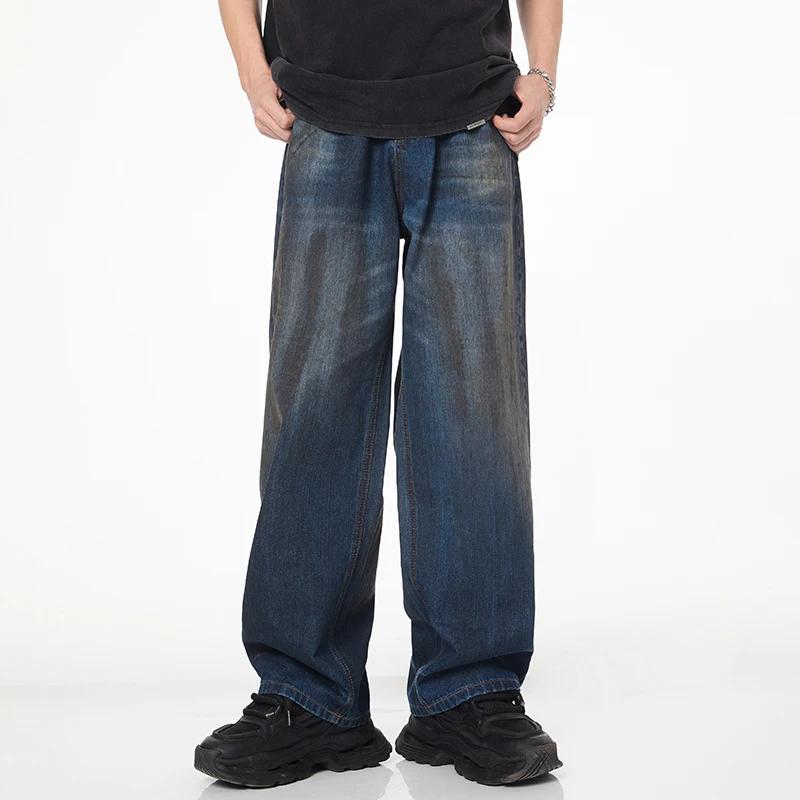 Retro Jeans Men's Spring and Summer Loose Wide-Leg Casual All-Match Washed Straight Fashion Youth Hip Hop Trousers