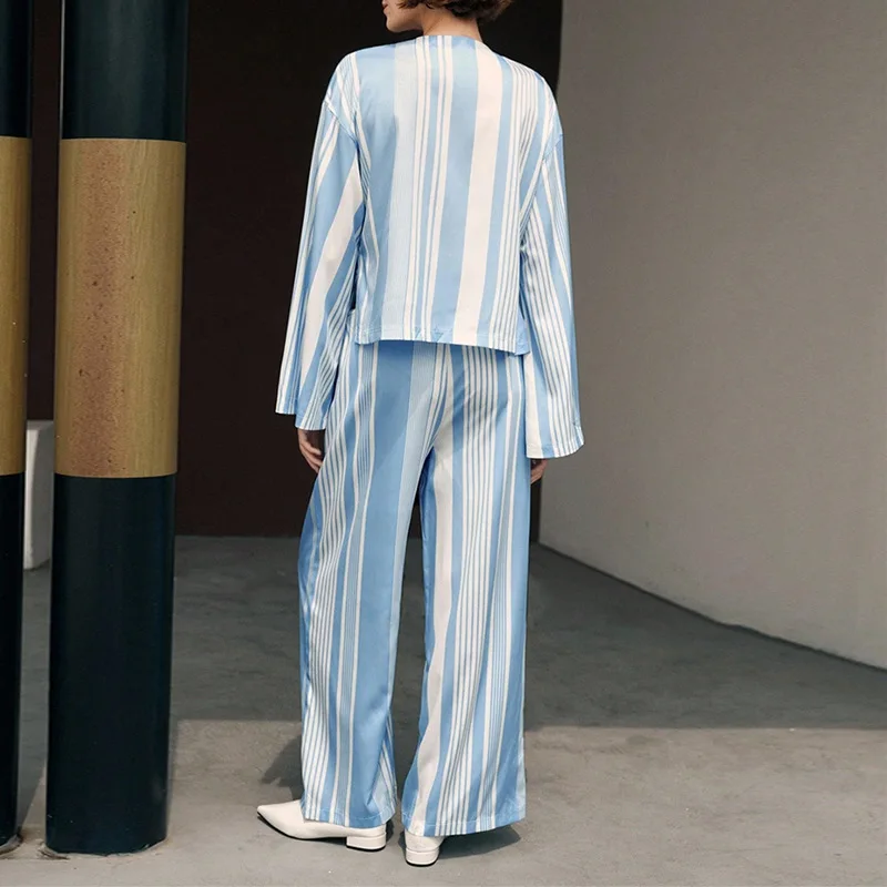 엘리 스트라이프 롱 스웨트셔츠와 스트레이트 레그 팬츠 세트 스포츠웨어 투피스 세트 가을 2025 여성 프리미엄 캐주얼 스포츠...