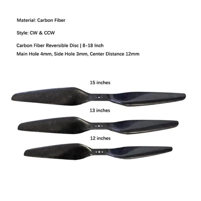 CW CCW Drone Propeller 12/13/15 inches, Main Hole 4mm Side Hole 3mm Center Distance 12mm for Agricultural Spraying UAV(2PCS)